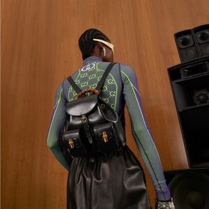 GUCCI BAG 702101 Black LEATHER SMALL BACKPACK BAMBOO HANDLE $3,980